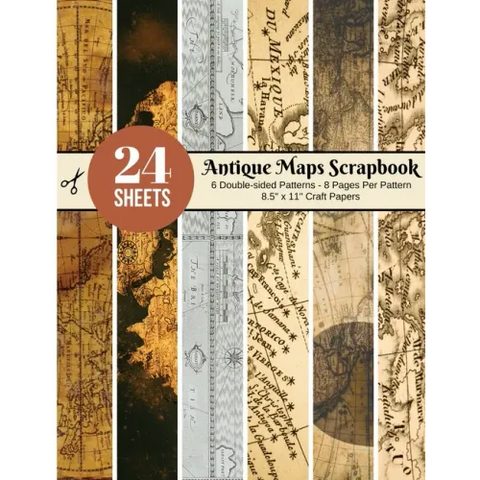 Vintage Maps Scrapbook Paper - 24 Double-sided Craft Patterns: Travel Map Sheets for Papercrafts, Album Scrapbook Cards, Decorative Craft Papers, Back