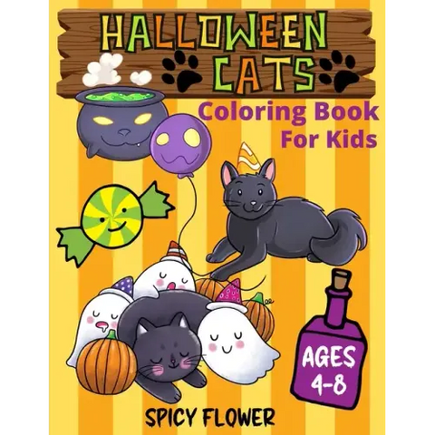 Halloween cute cats coloring book for kids ages 4-8: New easy to color collection of adorable Halloween cats coloring pages along with spooky items fo