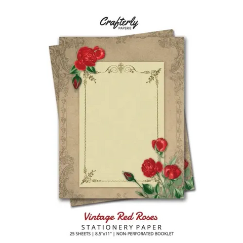 Vintage Red Roses Stationery Paper: Antique Letter Writing Paper for Home, Office, 25 Sheets (Border Paper Design)