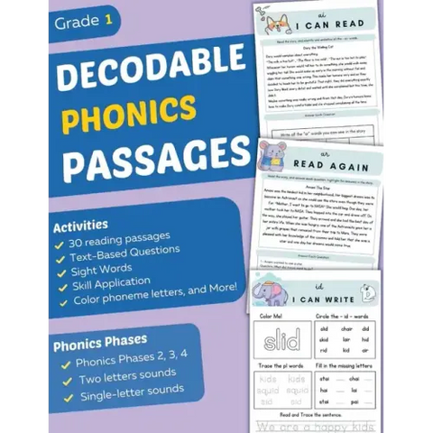 Decodable Phonics Passages Grade 1: Improve Reading and Comprehension Skills for Kids, Decodable Texts and Dyslexia Activities With Phonics and Sounds